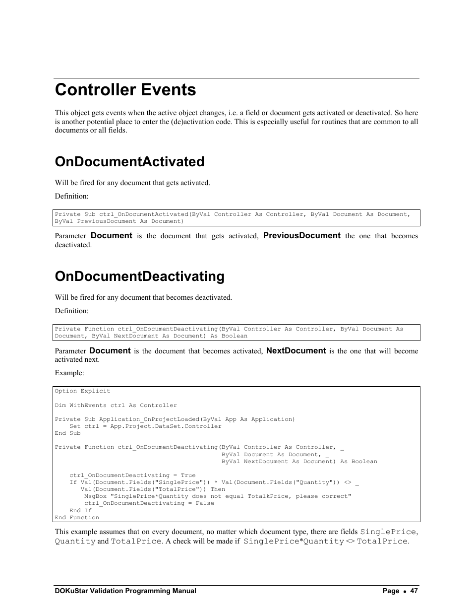 Controller events, Ondocumentactivated, Ondocumentdeactivating | Kofax DOKuStar Validation User Manual | Page 51 / 118