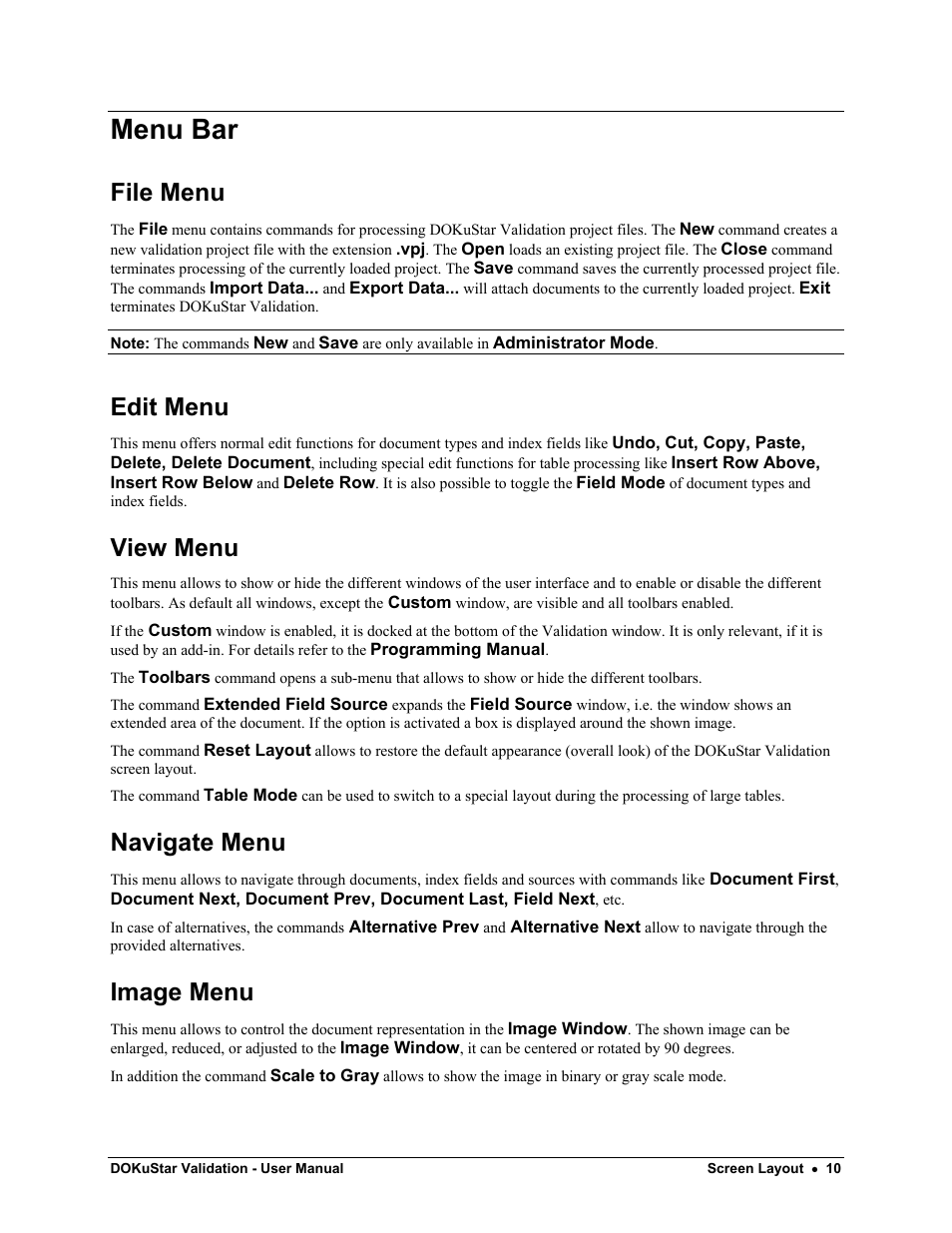 Menu bar, File menu, Edit menu | View menu, Navigate menu, Image menu | Kofax DOKuStar Validation User Manual | Page 14 / 24