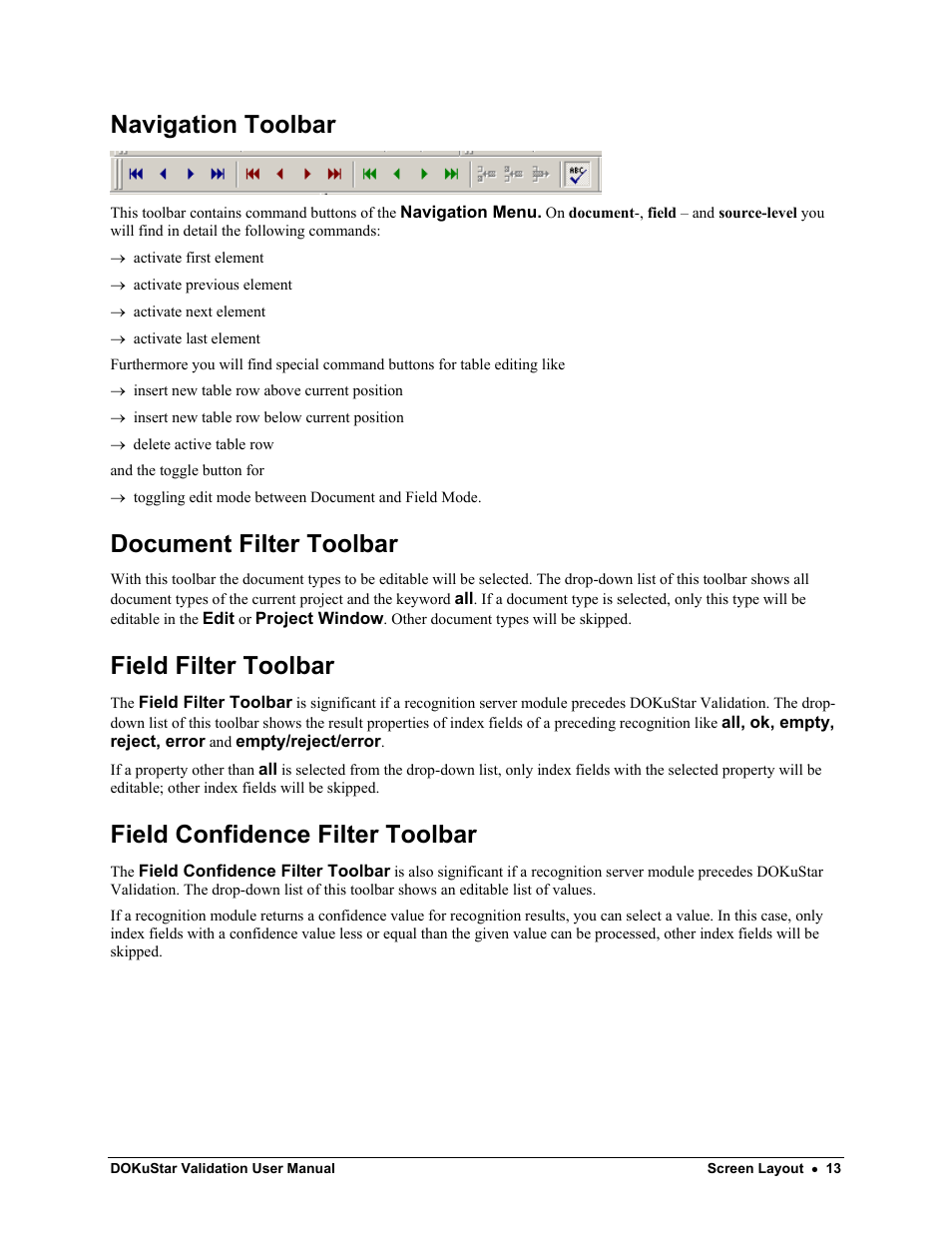 Navigation toolbar, Document filter toolbar, Field filter toolbar | Field confidence filter toolbar | Kofax DOKuStar Validation User Manual | Page 17 / 24