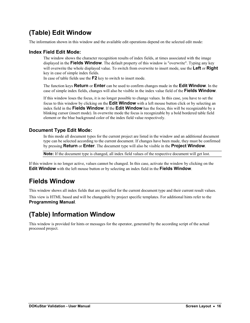 Table) edit window, Index field edit mode, Document type edit mode | Fields window, Table) information window | Kofax DOKuStar Validation User Manual | Page 20 / 24