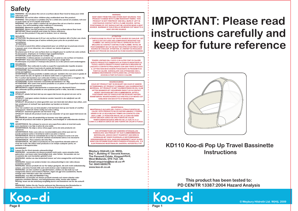 Koo-di Pop-Up Travel Bassinette User Manual | 4 pages