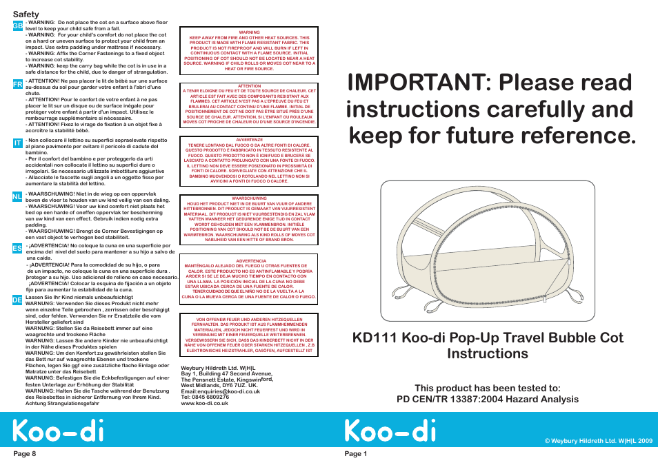 Koo-di Pop-Up Travel Bubble Cot User Manual | 4 pages