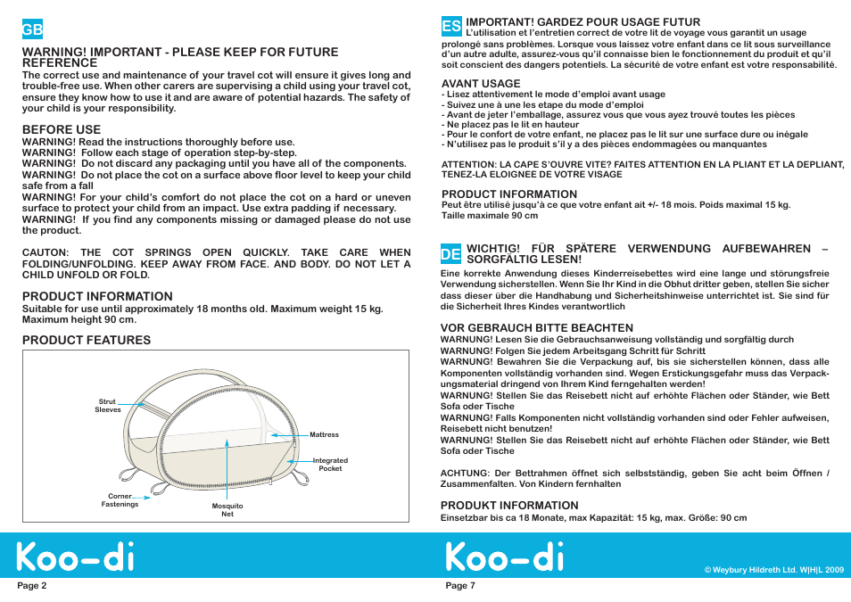 Gb es | Koo-di Pop-Up Travel Bubble Cot User Manual | Page 2 / 4