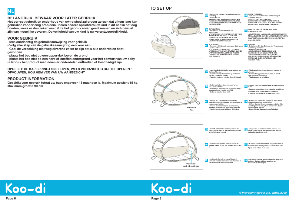 Gb es, Before use, Product features | Belangrijk! bewaar voor later gebruik, Voor gebruik, Product information, Important! gardez pour usage futur, Avant usage, Vor gebrauch bitte beachten, Produkt information | Koo-di Pop-Up Travel Bubble Cot User Manual | Page 3 / 4