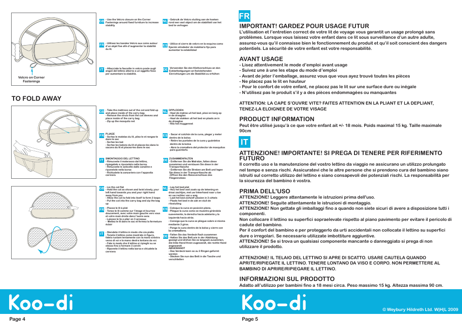 Important! gardez pour usage futur, Avant usage, Product information | Prima dell'uso, Informazioni sul prodotto, Page 4 page 5 | Koo-di Pop-Up Travel Bubble Cot User Manual | Page 4 / 4