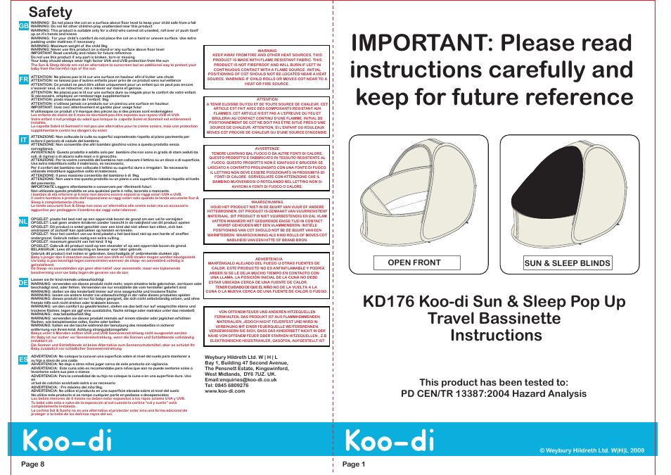 Koo-di Sun & Sleep Pop-Up Travel Bassinette User Manual | 4 pages