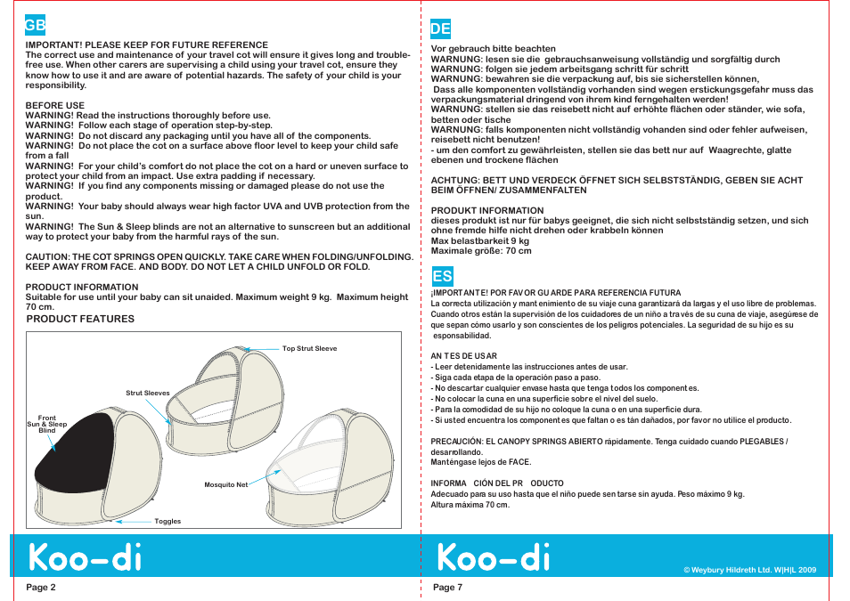 De es | Koo-di Sun & Sleep Pop-Up Travel Bassinette User Manual | Page 2 / 4