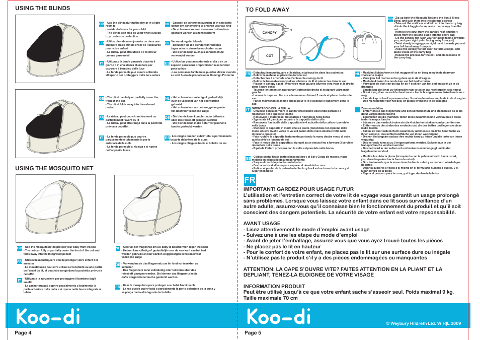 Using the blinds, Using the mosquito net to fold away | Koo-di Sun & Sleep Pop-Up Travel Bassinette User Manual | Page 4 / 4