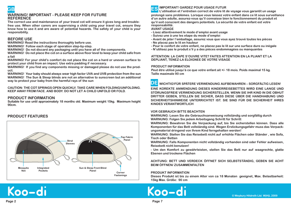 Koo-di Sun & Sleep Pop-Up Travel Bubble Cot User Manual | Page 2 / 4