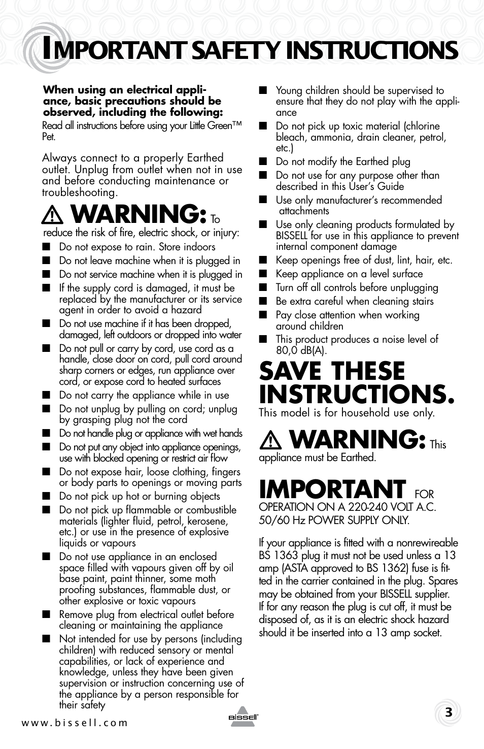 Warning, Save these instructions, Important | Mportant safety instructions | Bissell LITTLE GREEN 87K1E series User Manual | Page 3 / 8