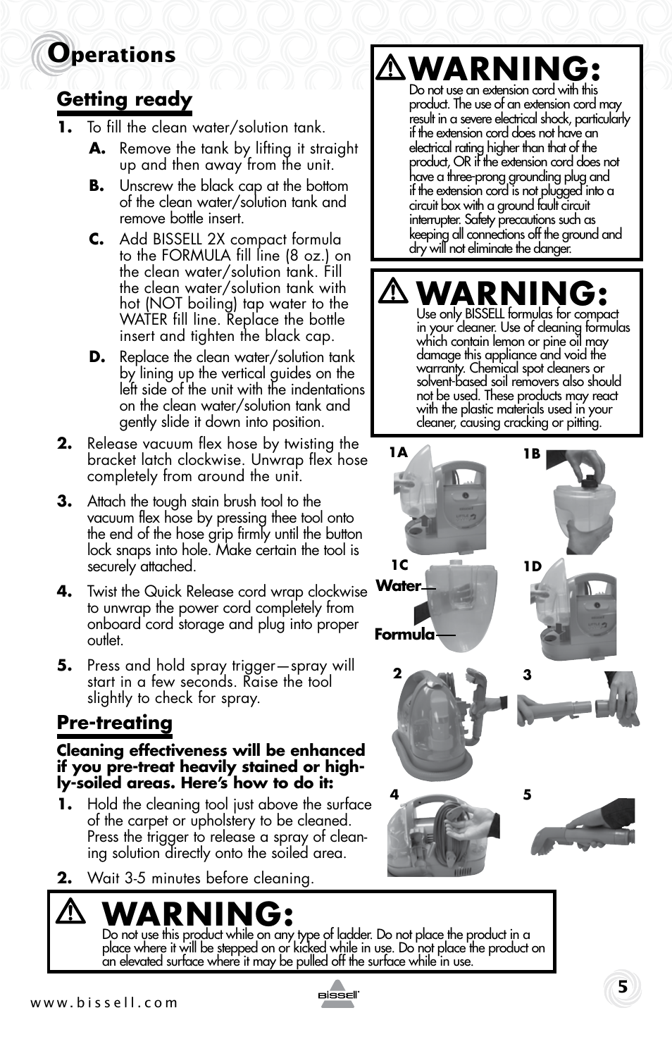 Warning, Perations, Getting ready | Pre-treating | Bissell LITTLE GREEN 87K1E series User Manual | Page 5 / 8