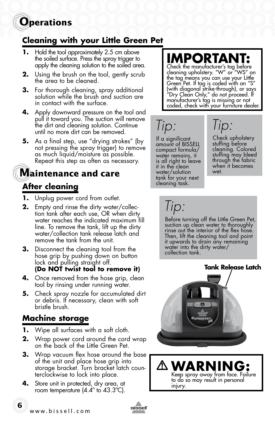 Important, Warning, Perations | Aintenance and care | Bissell LITTLE GREEN 87K1E series User Manual | Page 6 / 8