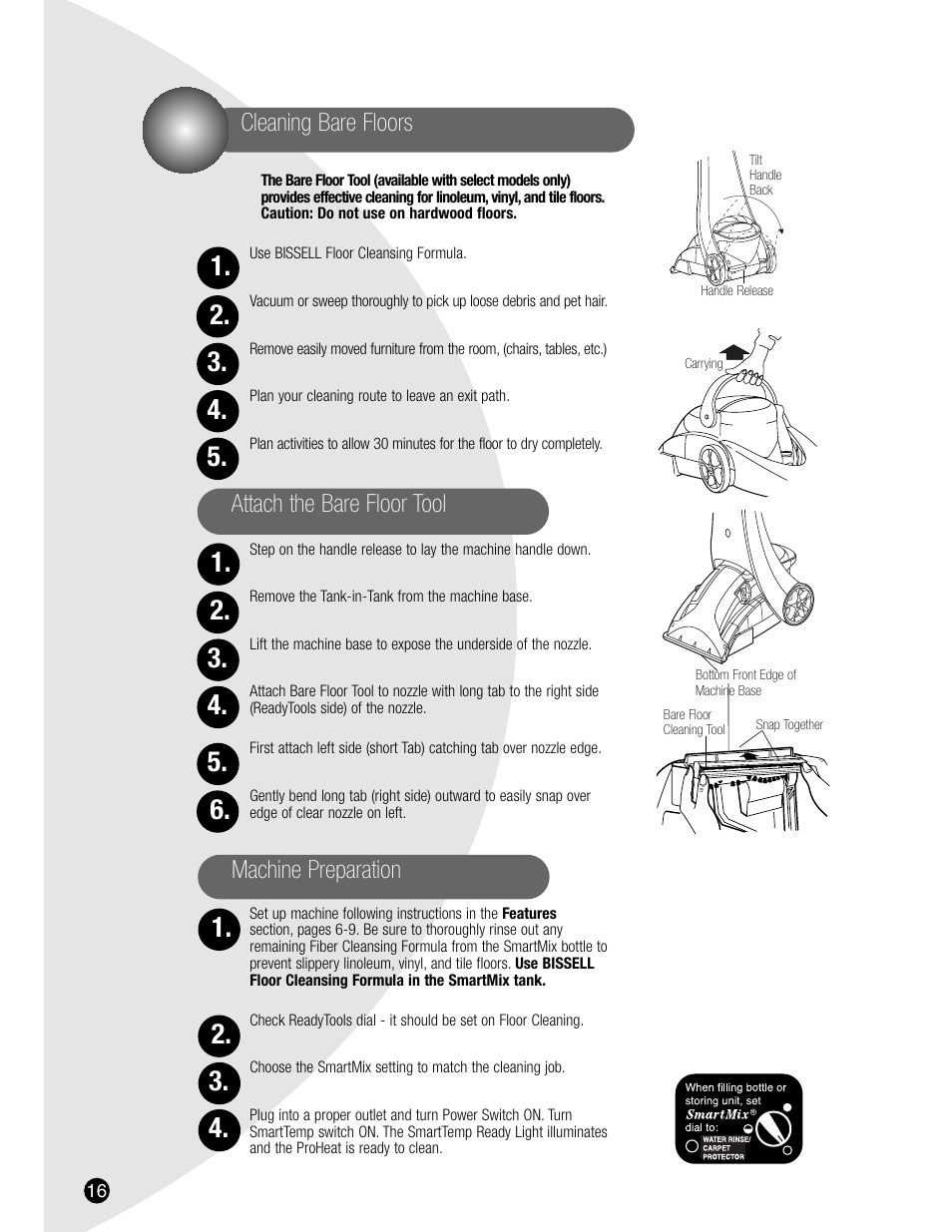 Machine preparation, Cleaning bare floors attach the bare floor tool | Bissell 7901 User Manual | Page 16 / 24