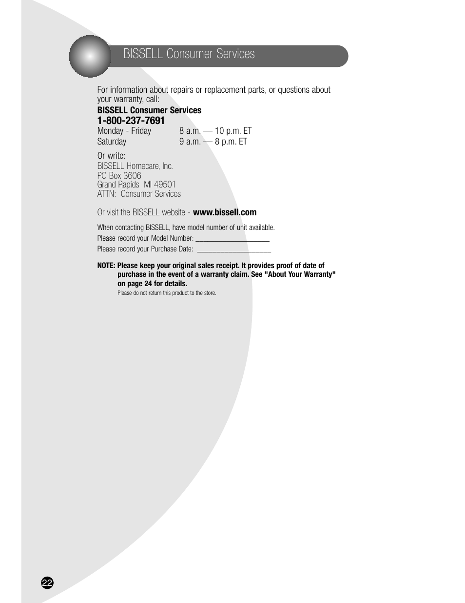 Bissell consumer services | Bissell 7901 User Manual | Page 22 / 24