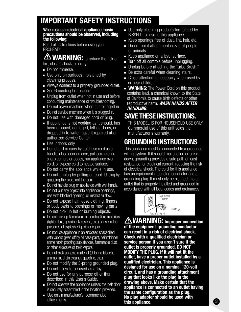 Important safety instructions, Warning, Save these instructions | Grounding instructions | Bissell 7901 User Manual | Page 3 / 24