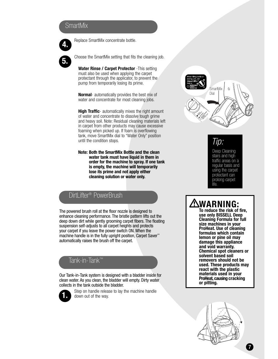 Warning, Smartmix, Dirtlifter | Powerbrush, Tank-in-tank | Bissell 7901 User Manual | Page 7 / 24