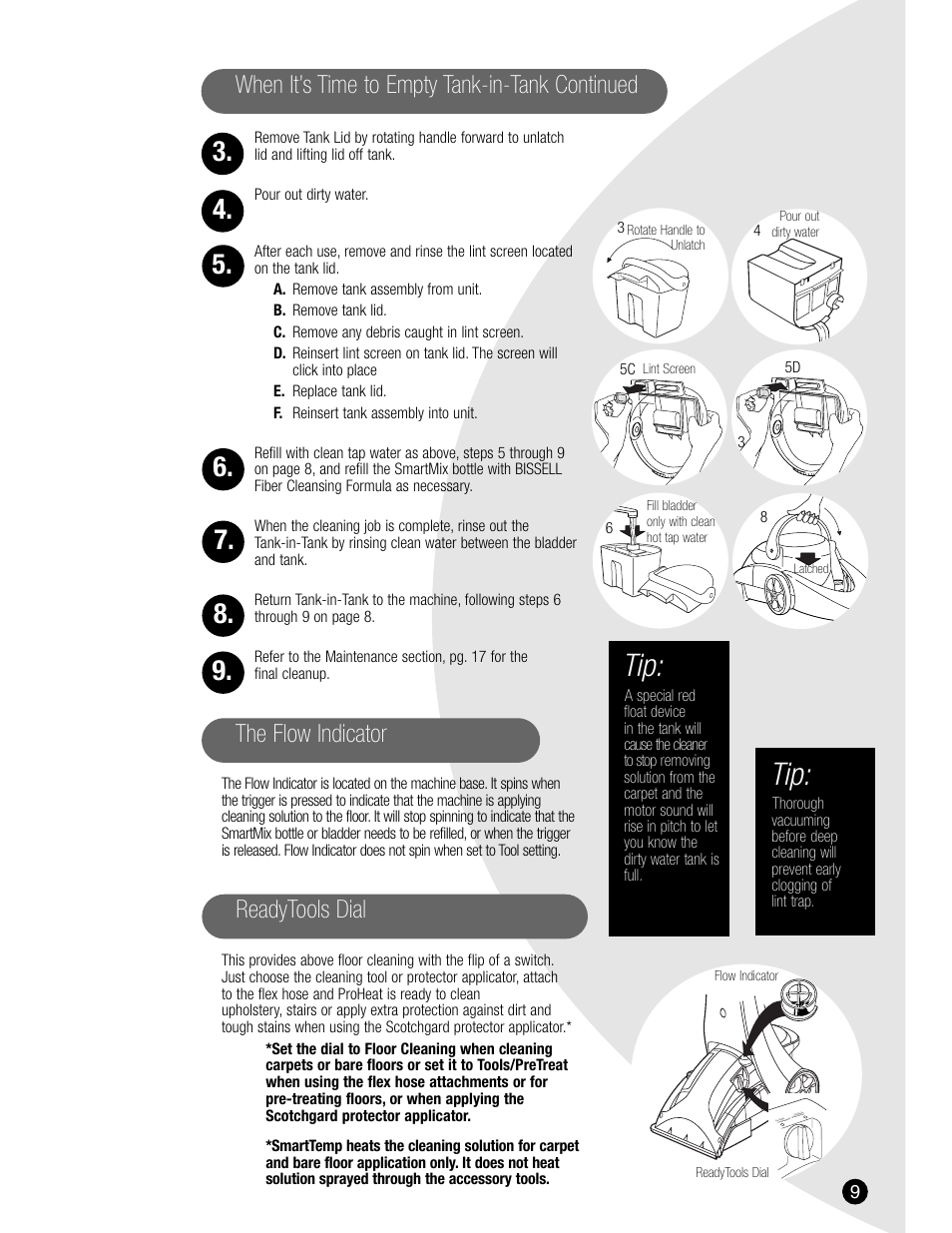 When it’s time to empty tank-in-tank continued, The flow indicator readytools dial | Bissell 7901 User Manual | Page 9 / 24