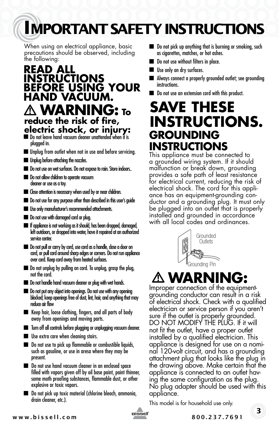 Mportant safety instructions, Warning, Save these instructions | Grounding instructions | Bissell AUTO-MATE 47R5 User Manual | Page 3 / 8