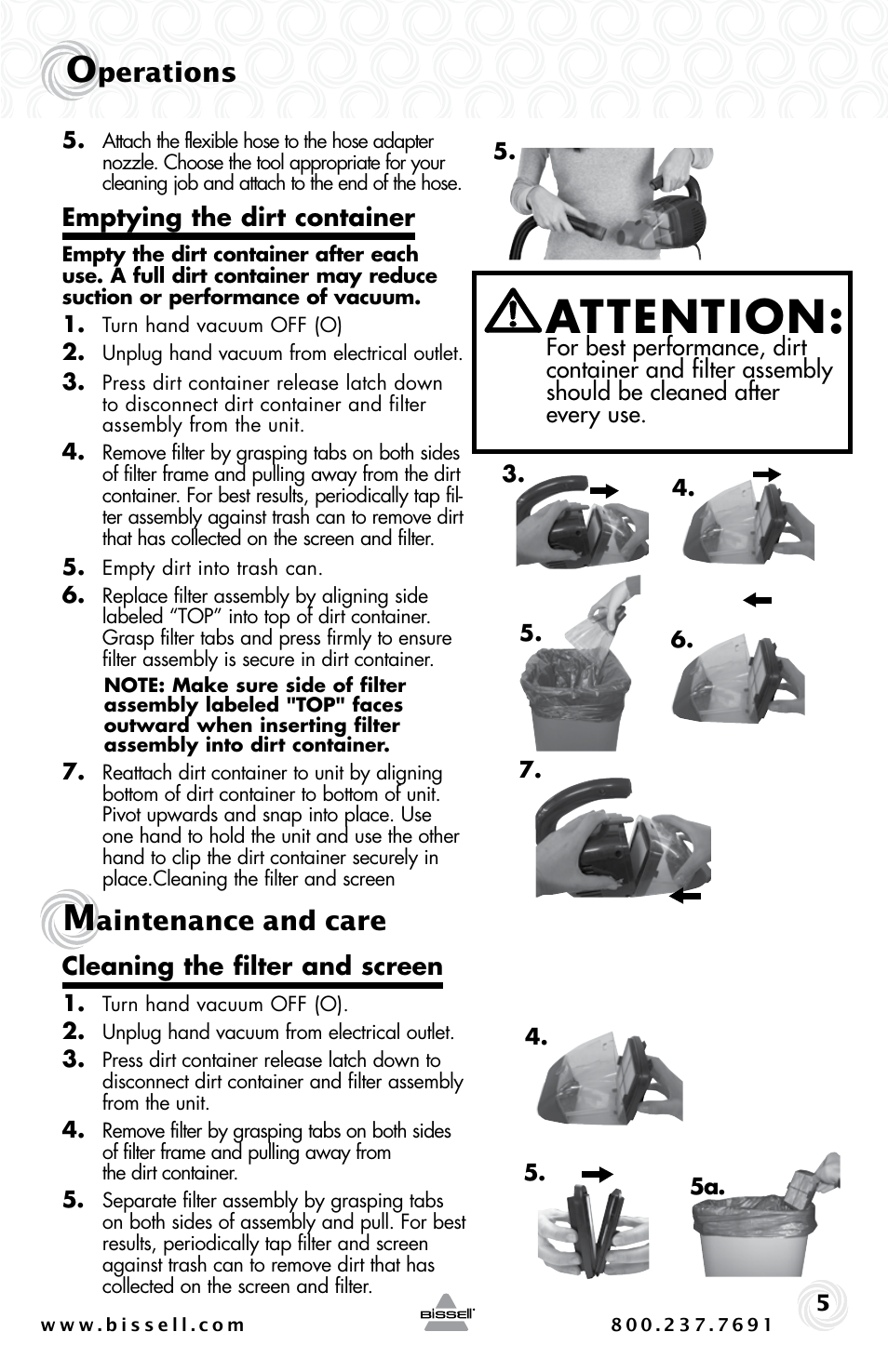 Attention, Perations, Aintenance and care | Bissell AUTO-MATE 47R5 User Manual | Page 5 / 8