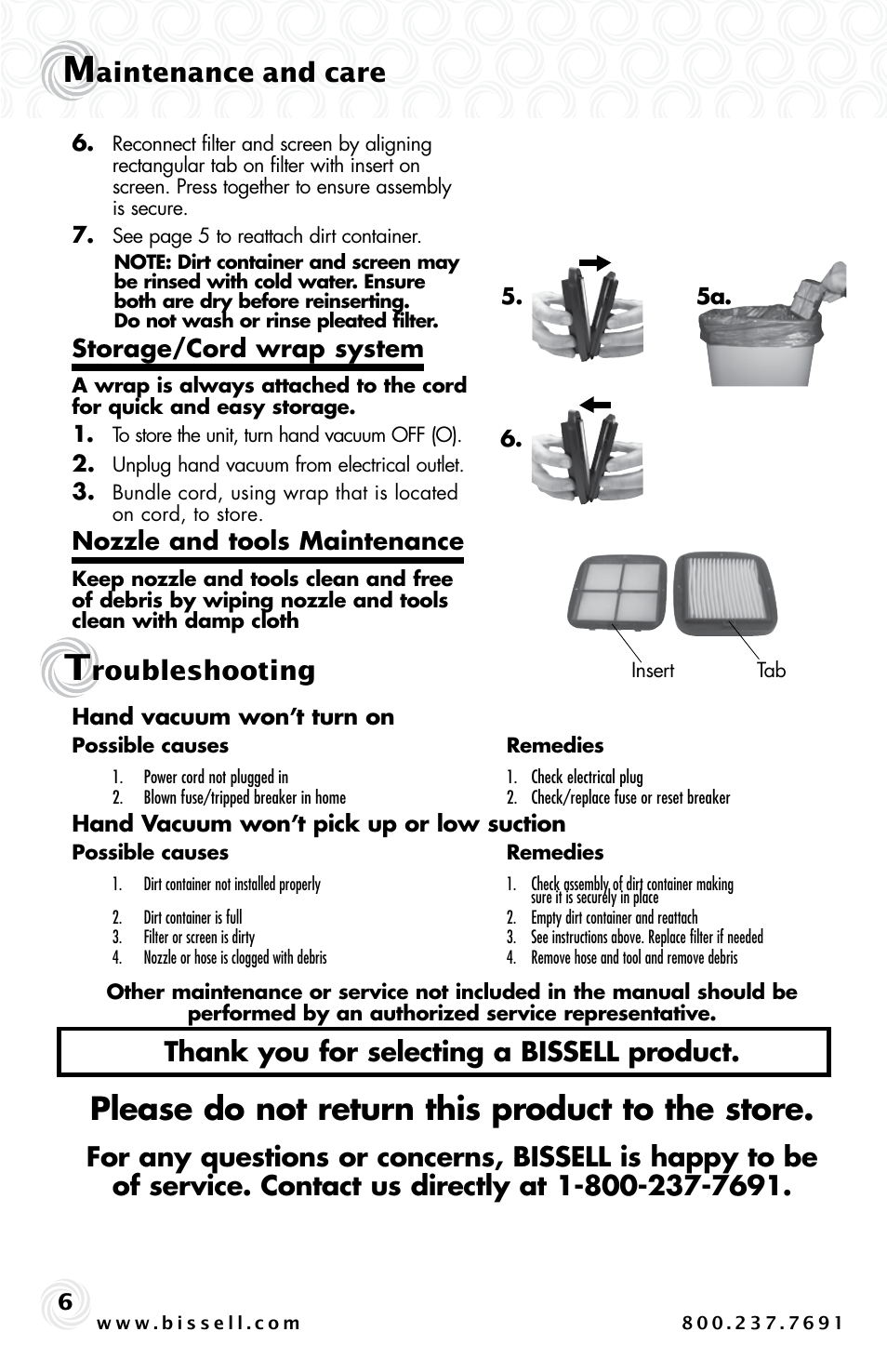Please do not return this product to the store, Aintenance and care, Roubleshooting | Bissell AUTO-MATE 47R5 User Manual | Page 6 / 8