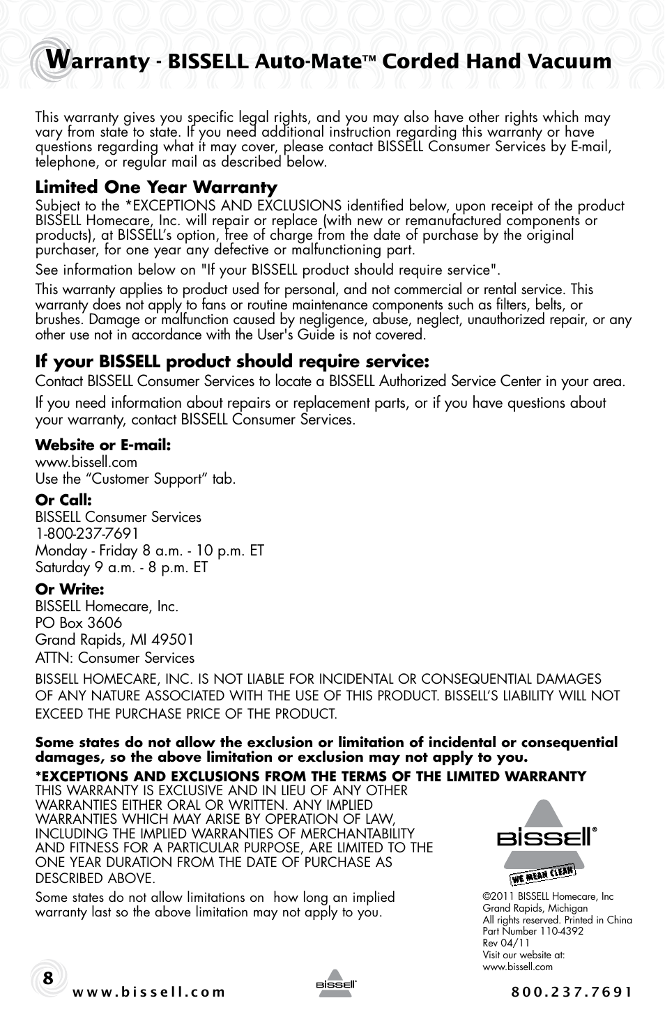 Arranty - bissell auto-mate, Corded hand vacuum, Limited one year warranty | If your bissell product should require service | Bissell AUTO-MATE 47R5 User Manual | Page 8 / 8