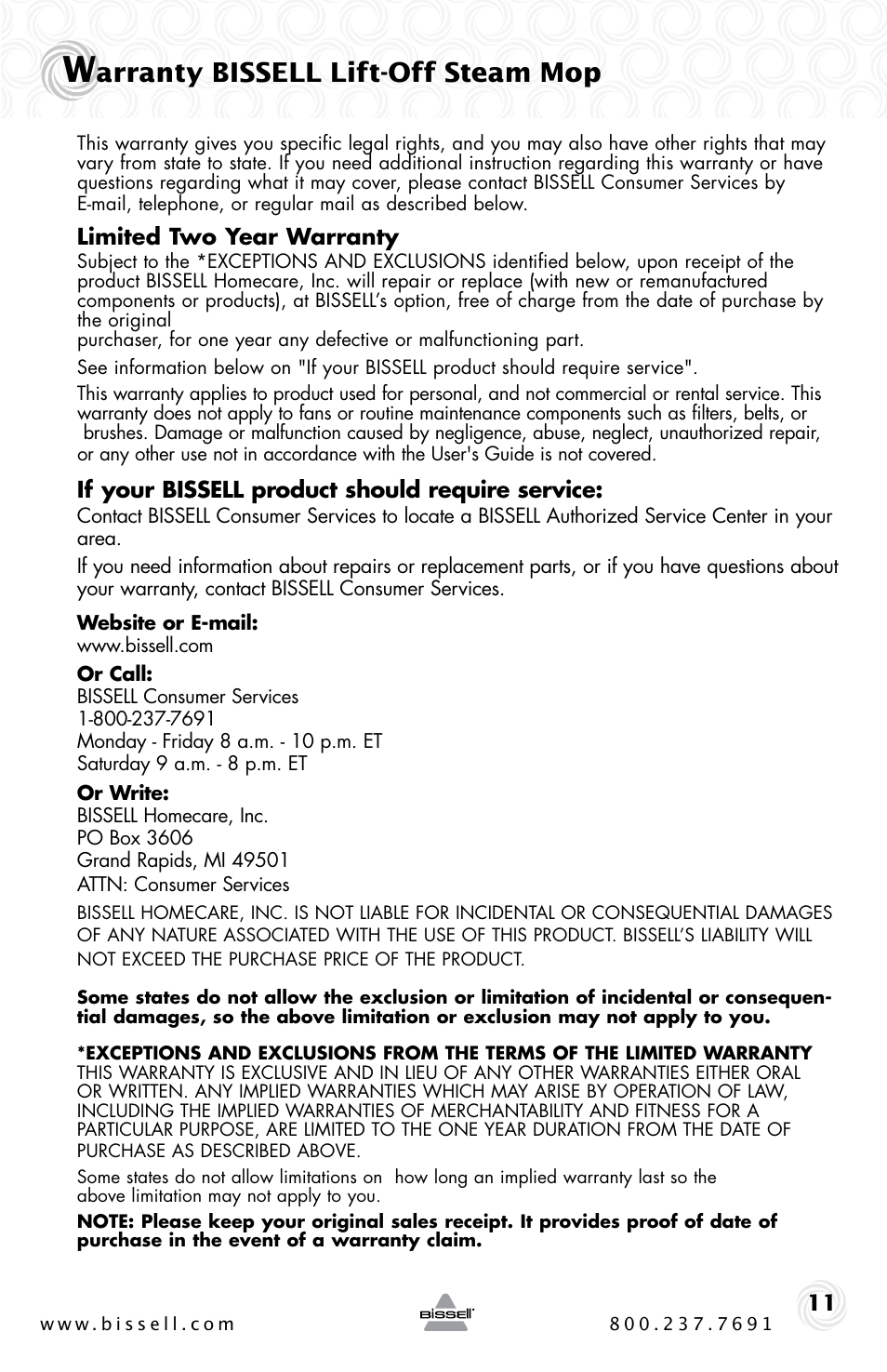 Arranty bissell lift-off steam mop | Bissell 39W7 User Manual | Page 11 / 12