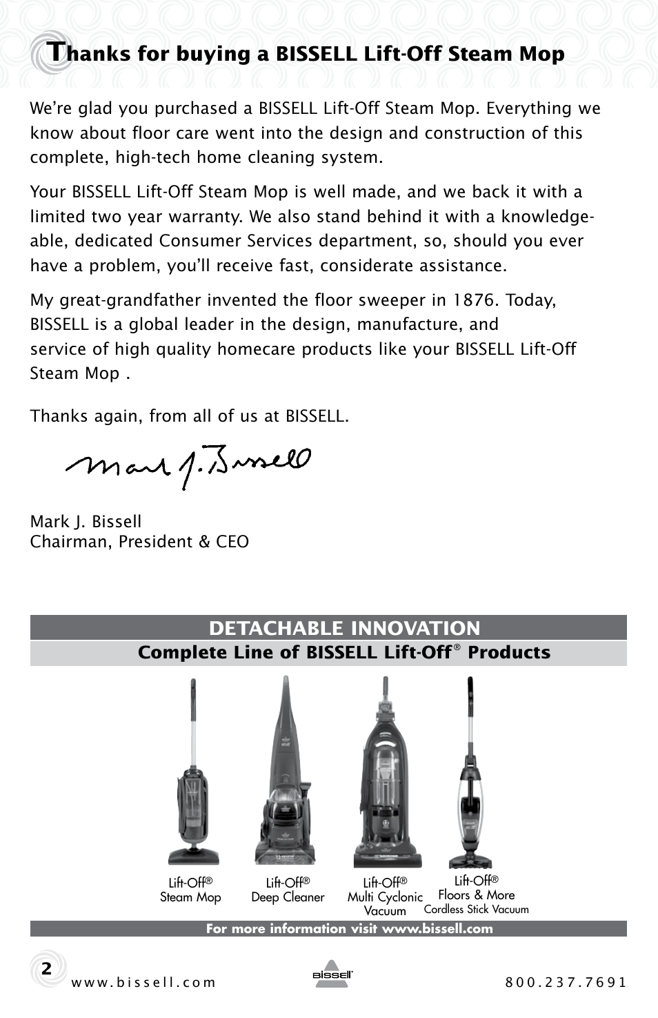 Hanks for buying a bissell lift-off steam mop, Detachable innovation, Complete line of bissell lift-off | Products | Bissell 39W7 User Manual | Page 2 / 12