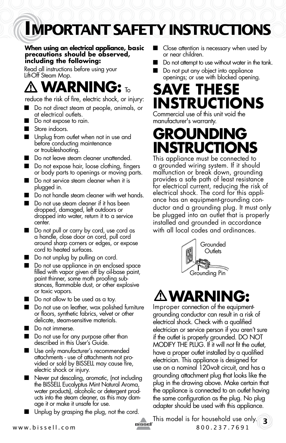 Mportant safety instructions, Warning, Save these instructions | Grounding instructions | Bissell 39W7 User Manual | Page 3 / 12