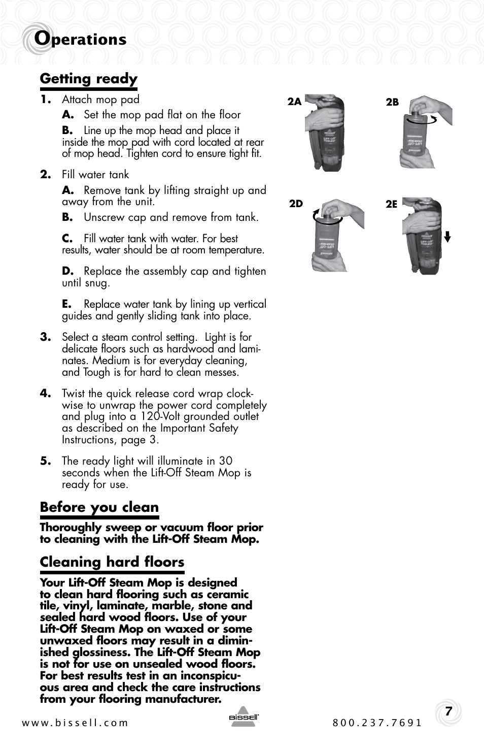 Perations, Getting ready, Before you clean | Cleaning hard floors | Bissell 39W7 User Manual | Page 7 / 12