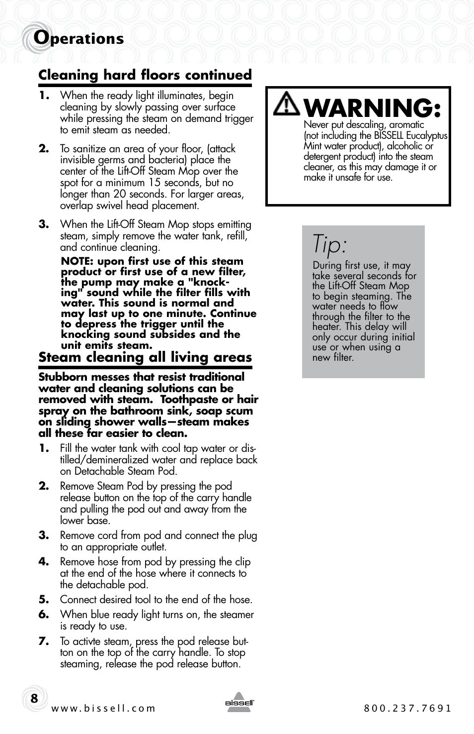 Warning, Perations, Cleaning hard floors continued | Steam cleaning all living areas | Bissell 39W7 User Manual | Page 8 / 12