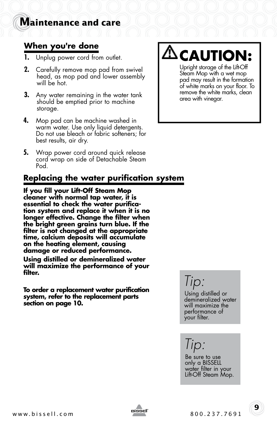 Caution, Aintenance and care | Bissell 39W7 User Manual | Page 9 / 12