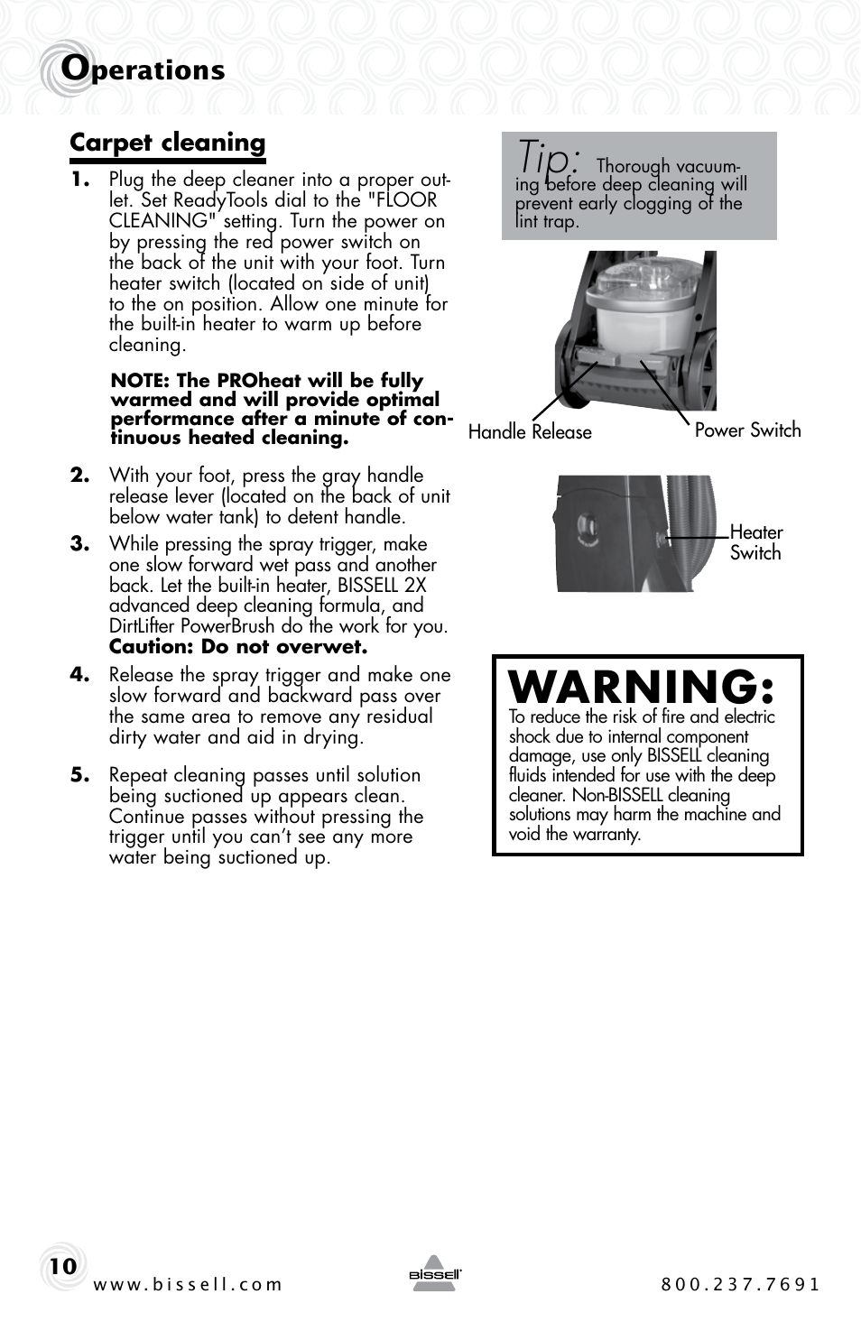 Warning, Perations, Carpet cleaning | Bissell PROHEAT 25A3 User Manual | Page 10 / 20