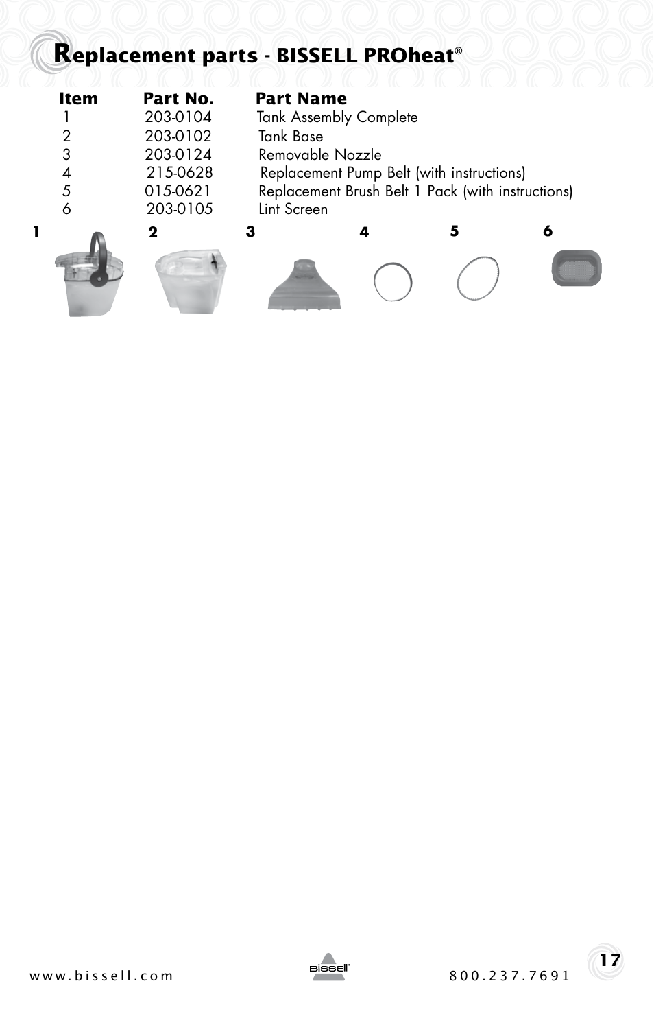 Eplacement parts - bissell proheat | Bissell PROHEAT 25A3 User Manual | Page 17 / 20