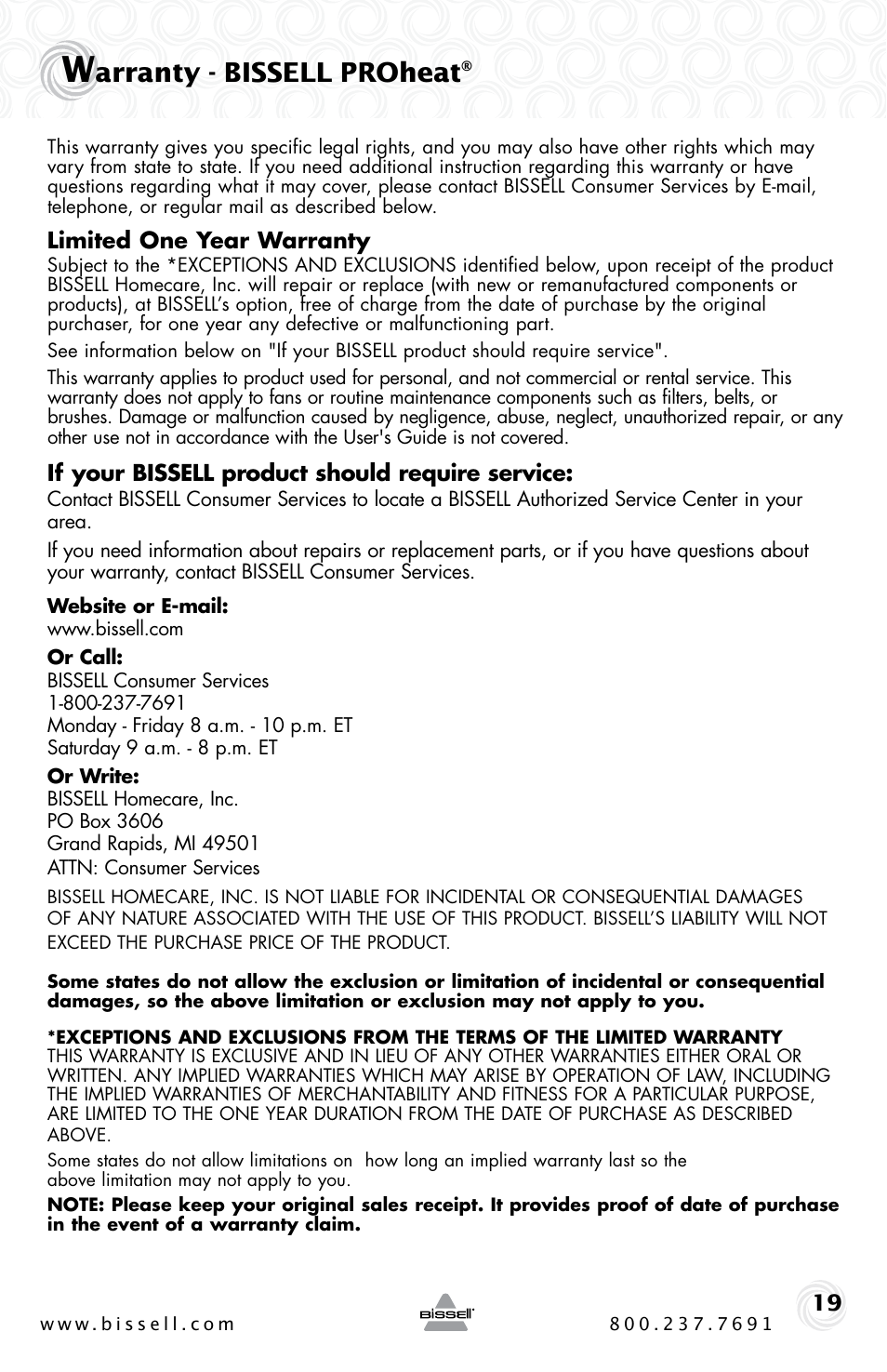 Arranty - bissell proheat | Bissell PROHEAT 25A3 User Manual | Page 19 / 20