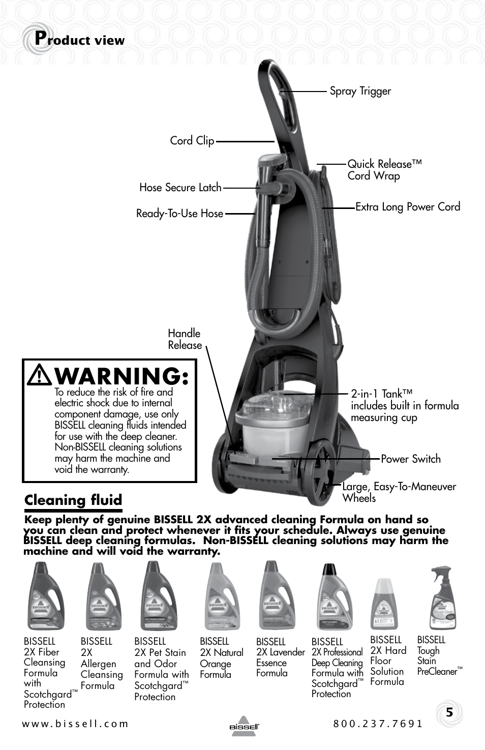 Warning, Cleaning fluid, Roduct view 5 | Bissell PROHEAT 25A3 User Manual | Page 5 / 20