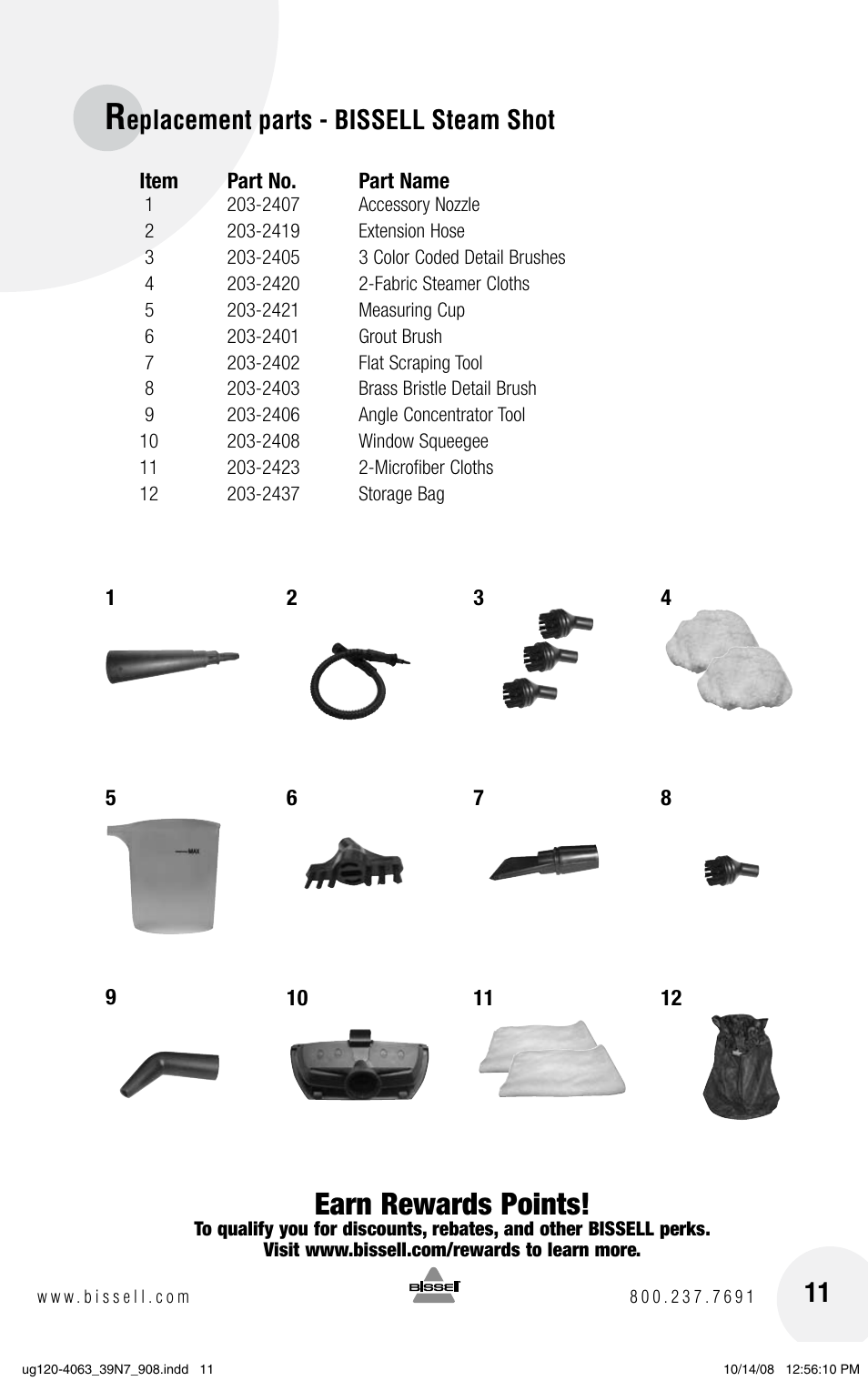 Earn rewards points, Eplacement parts - bissell steam shot | Bissell 39N7 User Manual | Page 11 / 12