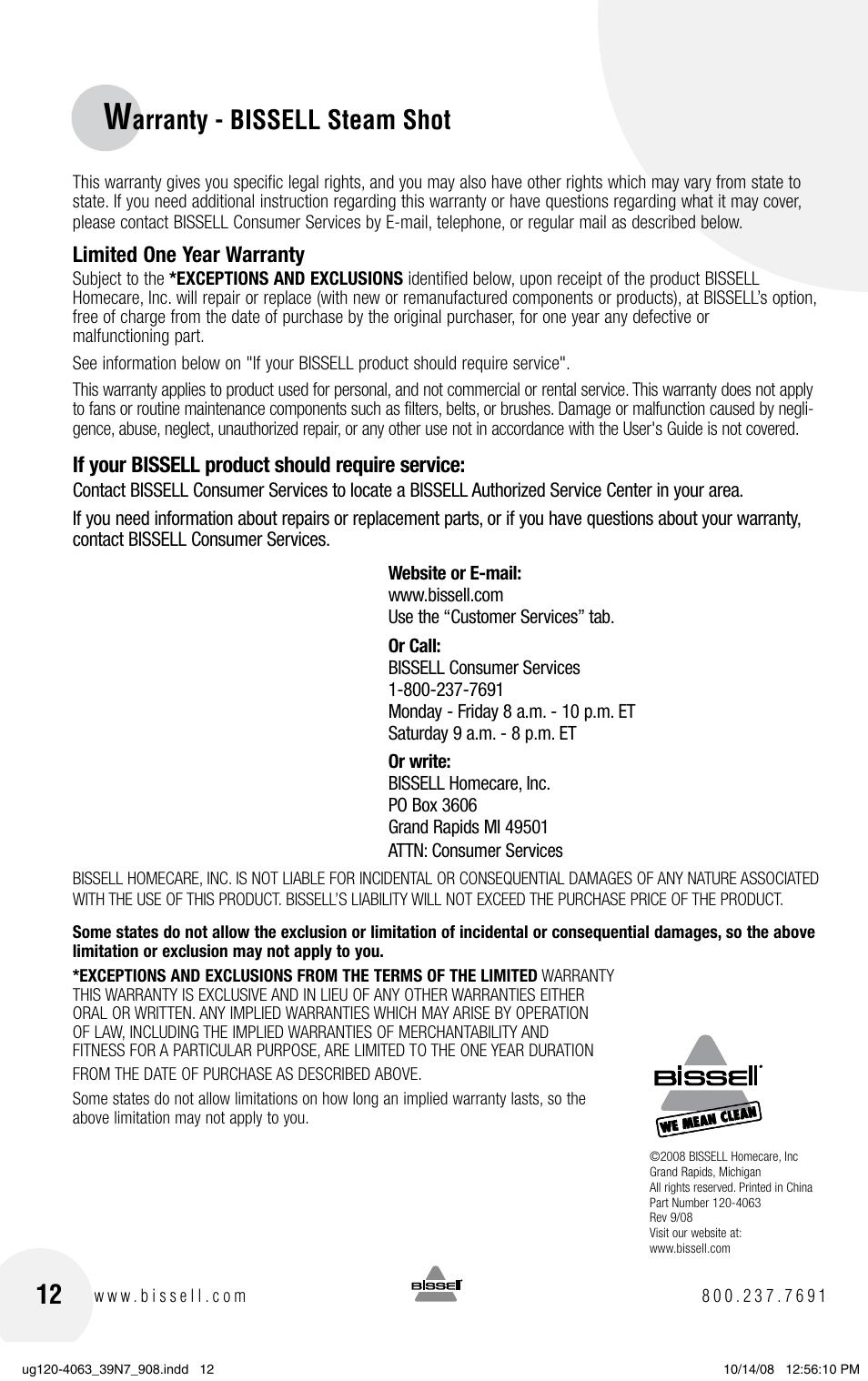 Arranty - bissell steam shot | Bissell 39N7 User Manual | Page 12 / 12