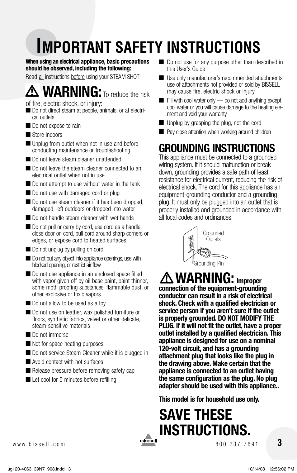 Mportant safety instructions, Warning, Save these instructions | Grounding instructions | Bissell 39N7 User Manual | Page 3 / 12