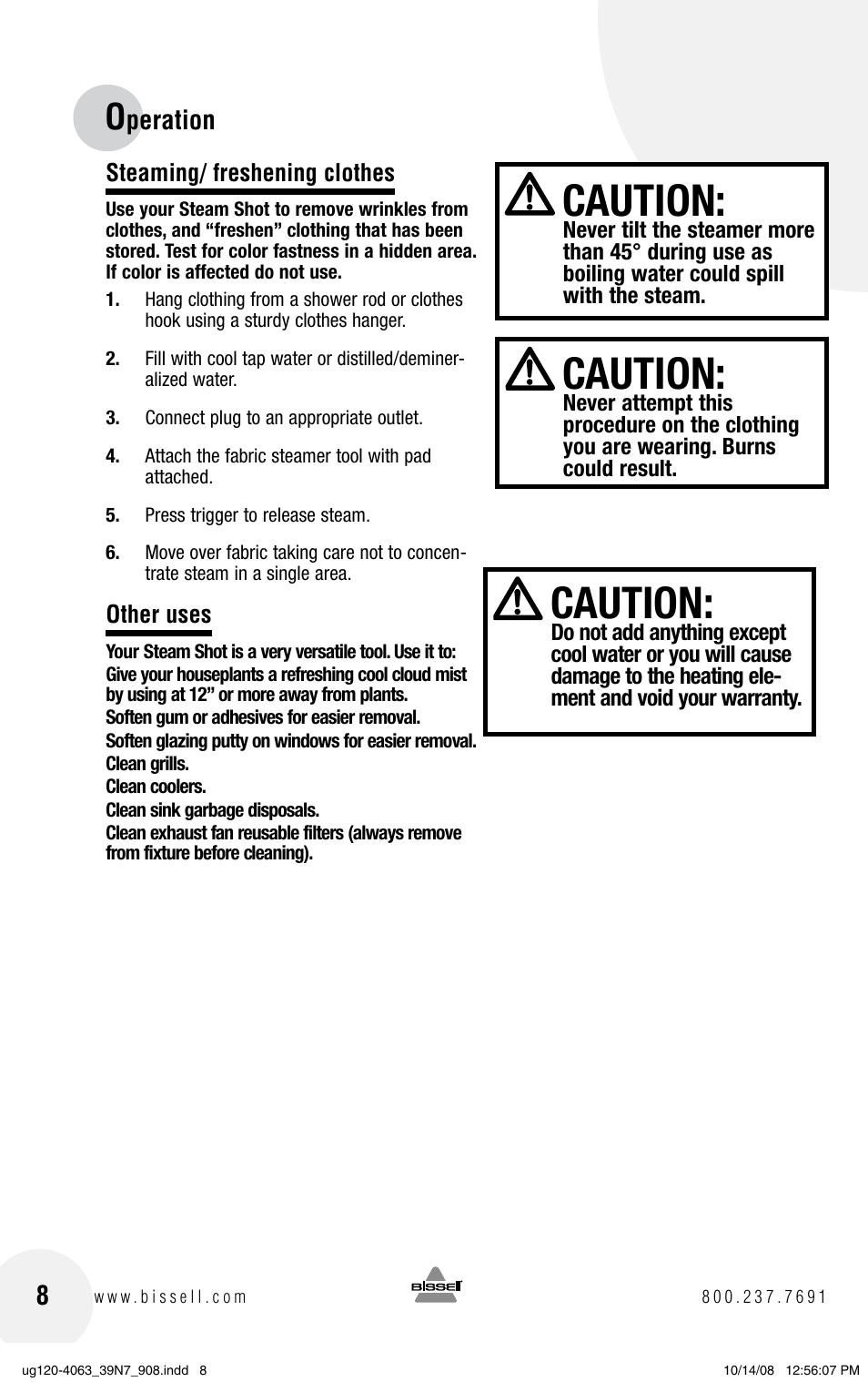 Caution, Peration | Bissell 39N7 User Manual | Page 8 / 12