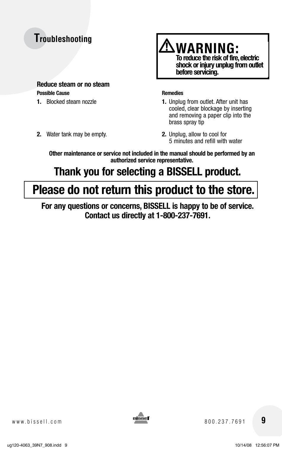 Warning, Please do not return this product to the store, Roubleshooting | Bissell 39N7 User Manual | Page 9 / 12