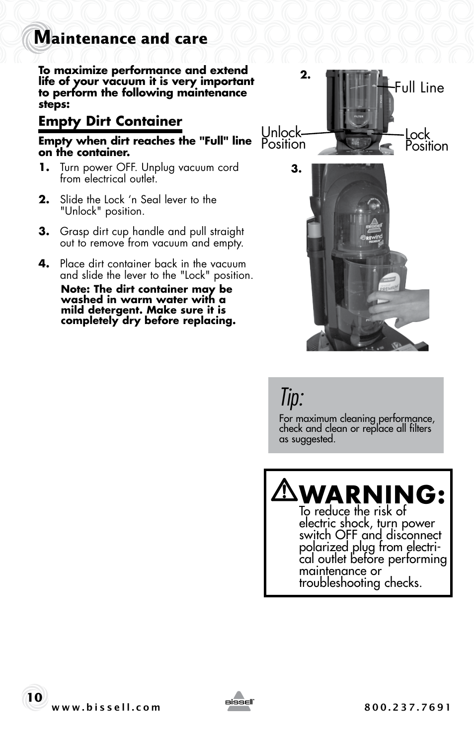 Warning, Aintenance and care, Full line lock position unlock position | Bissell 44M3 User Manual | Page 10 / 20