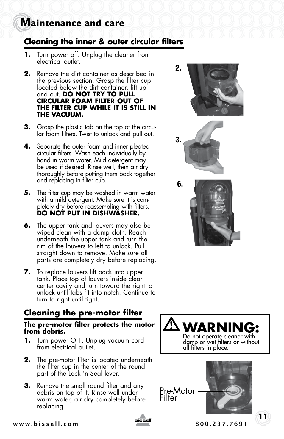 Warning, Aintenance and care, Pre-motor filter | Bissell 44M3 User Manual | Page 11 / 20