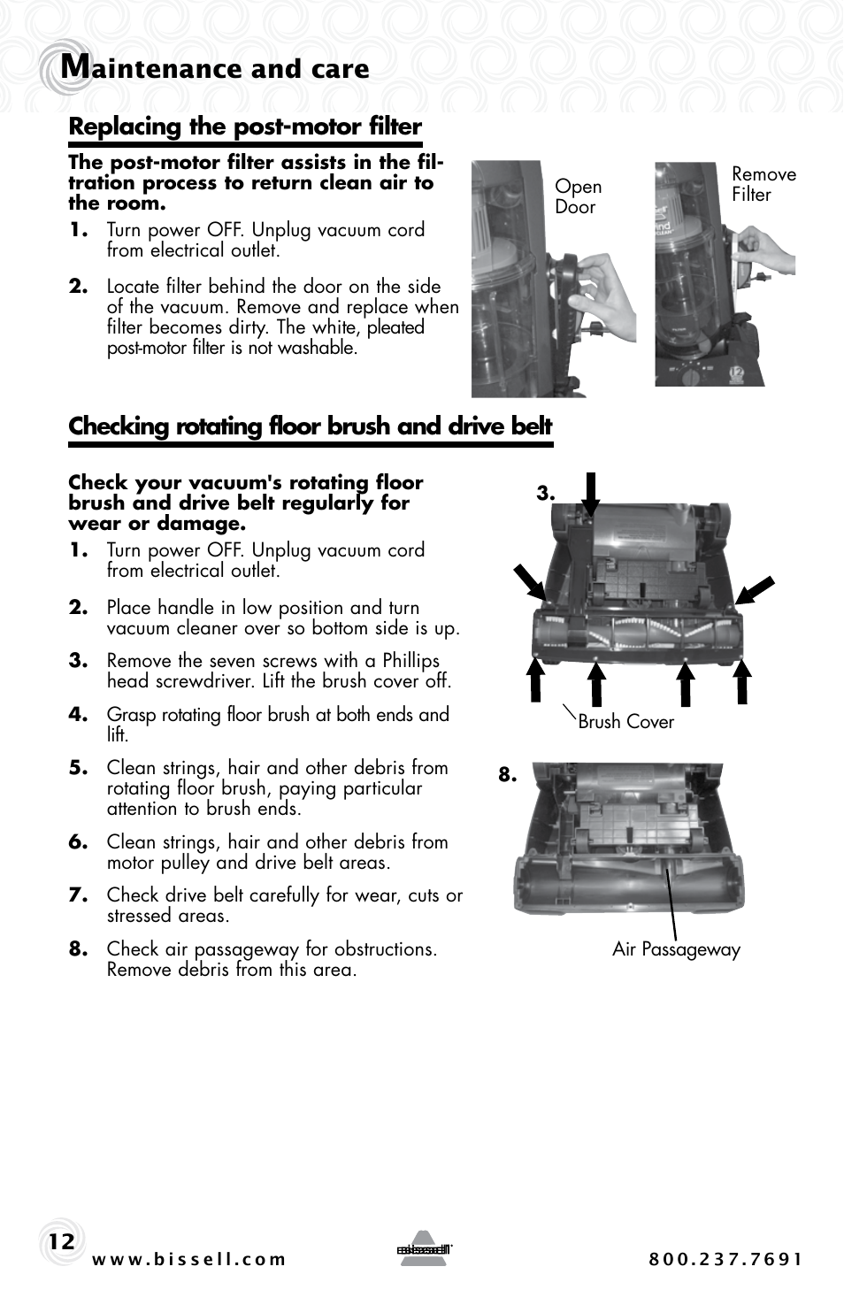 Aintenance and care, Replacing the post-motor filter, Checking rotating floor brush and drive belt | Bissell 44M3 User Manual | Page 12 / 20