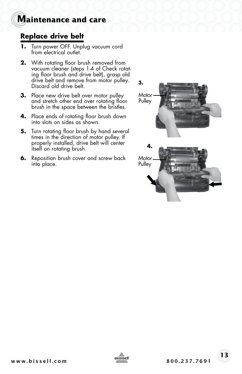 Aintenance and care, Replace drive belt | Bissell 44M3 User Manual | Page 13 / 20