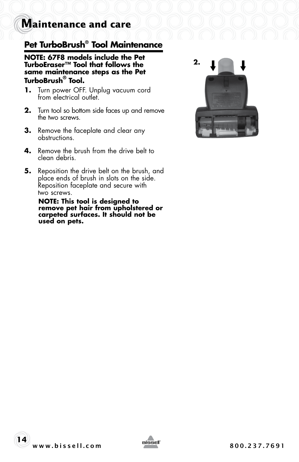 Aintenance and care, Pet turbobrush, Tool maintenance | Bissell 44M3 User Manual | Page 14 / 20