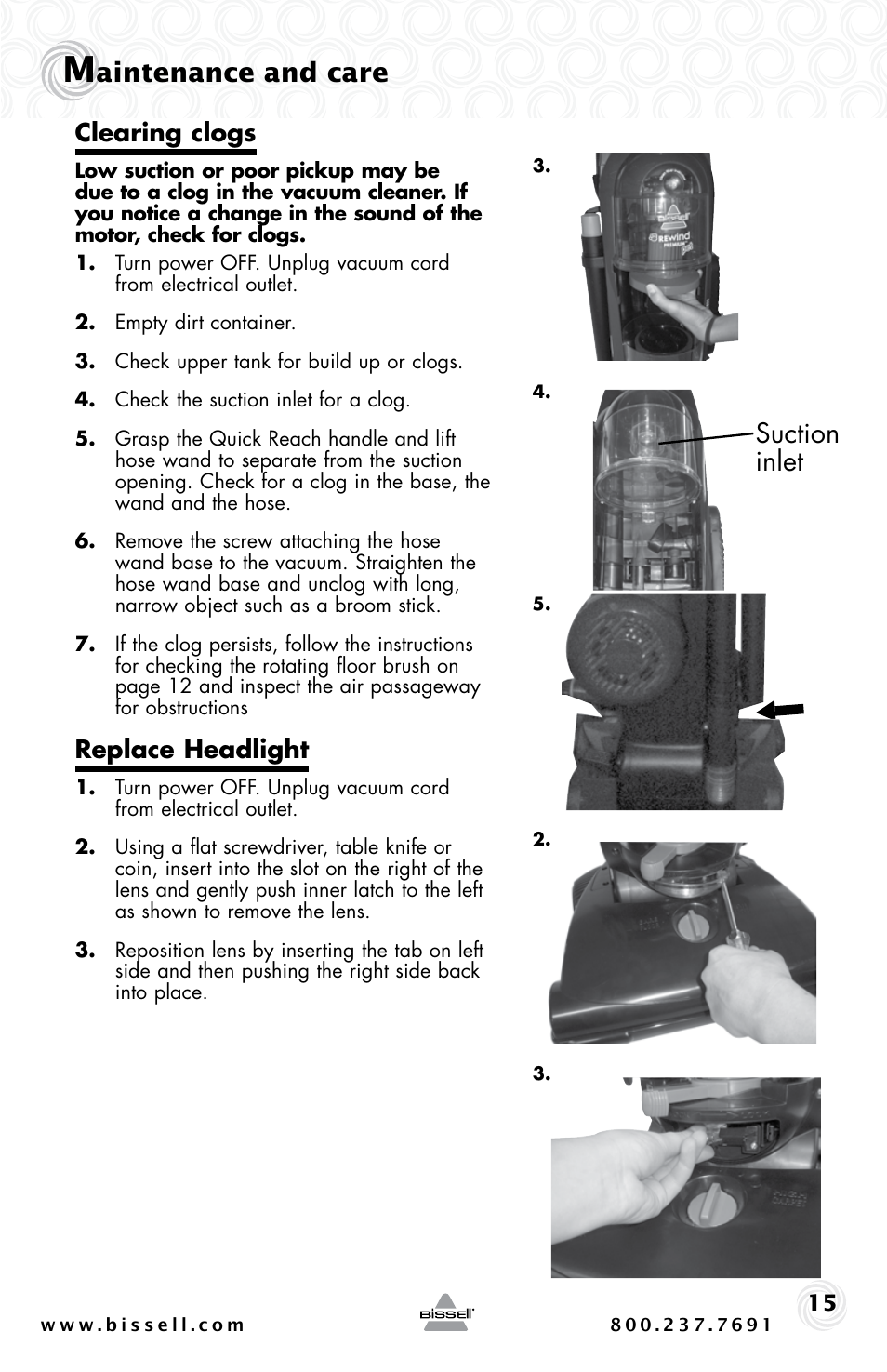 Aintenance and care, Suction inlet, Clearing clogs | Replace headlight | Bissell 44M3 User Manual | Page 15 / 20