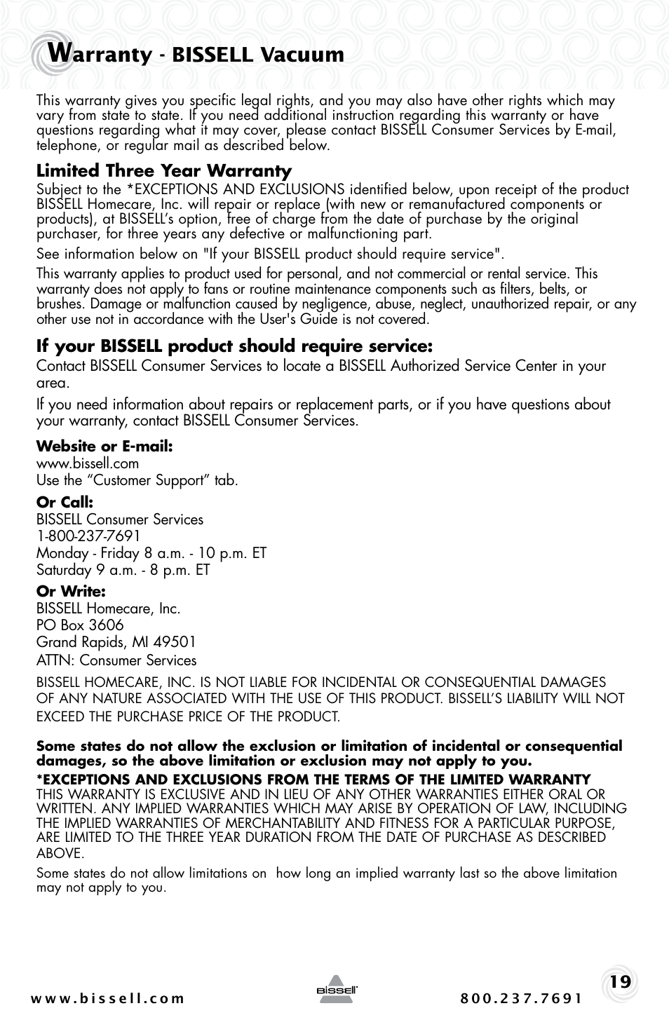 Arranty - bissell vacuum | Bissell 44M3 User Manual | Page 19 / 20