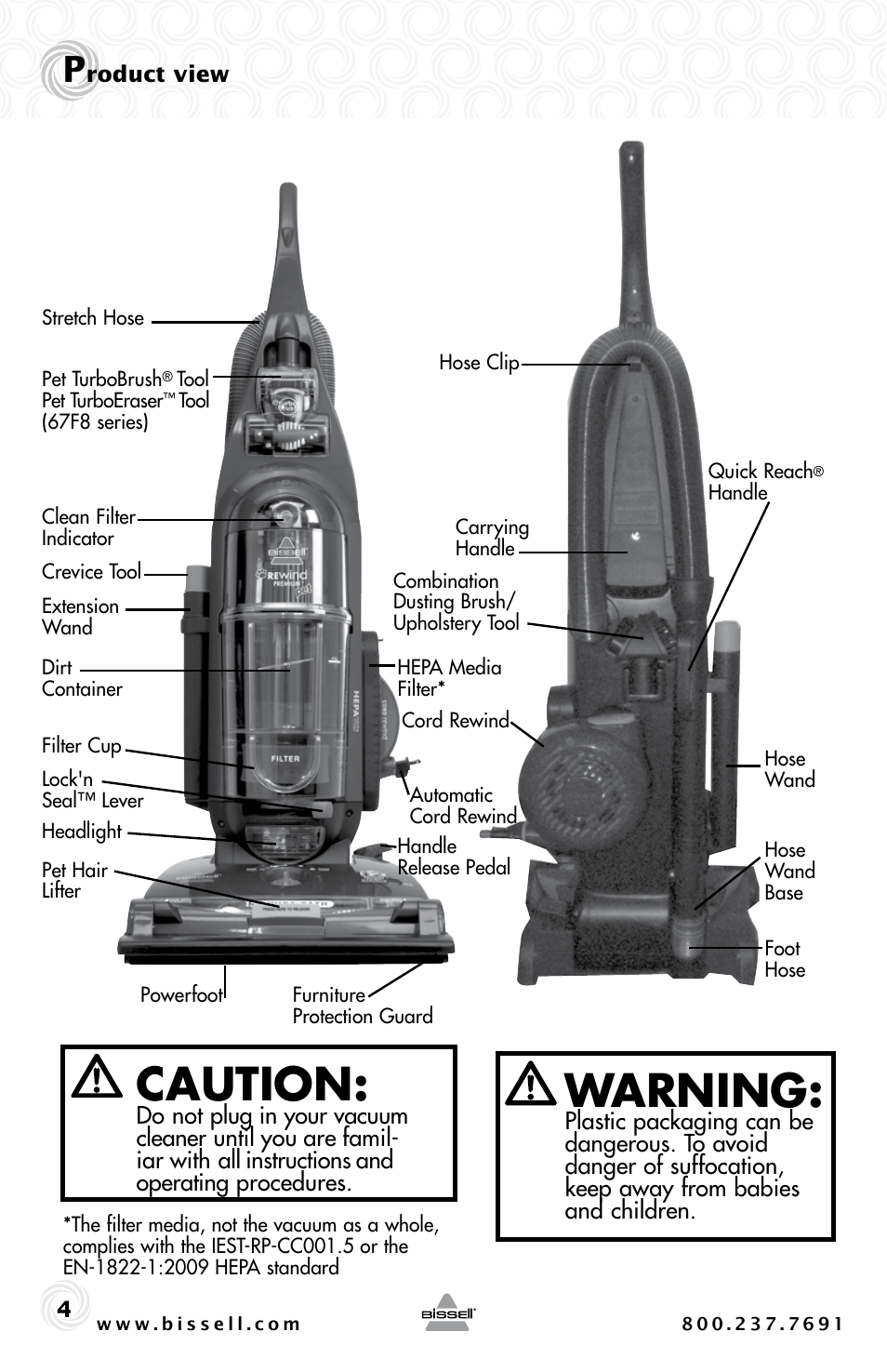 Warning, Caution | Bissell 44M3 User Manual | Page 4 / 20