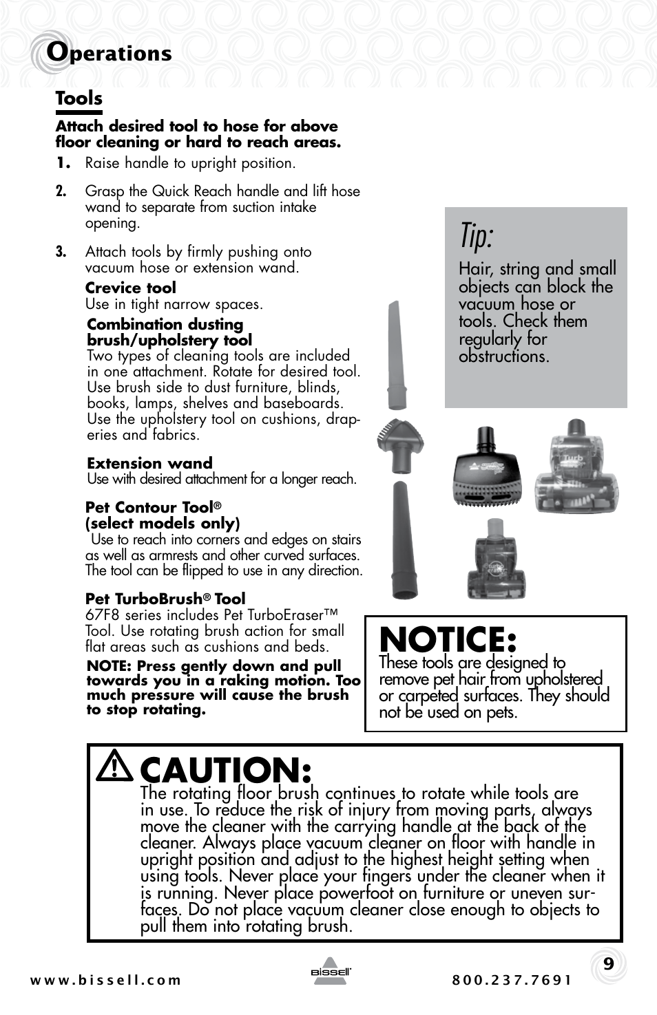 Caution, Notice, Perations | Bissell 44M3 User Manual | Page 9 / 20