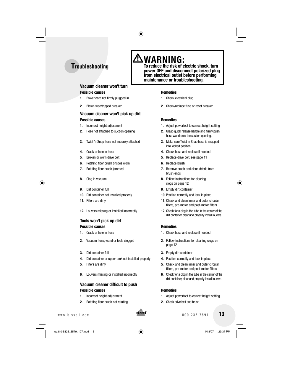 Warning, Roubleshooting | Bissell Powerforce bagless 6579 series User Manual | Page 13 / 16